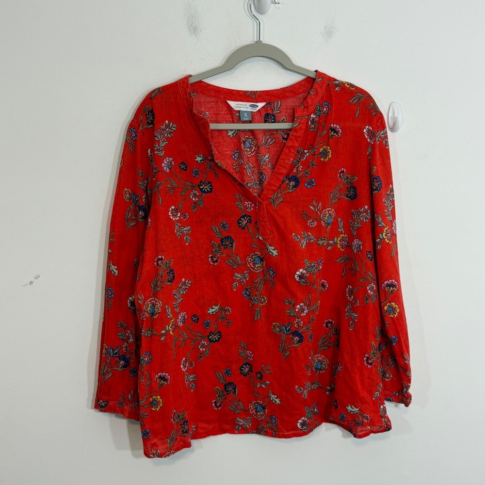 Old Navy Womens Top XL Red Floral Linen Blend Boho Split Neck Top